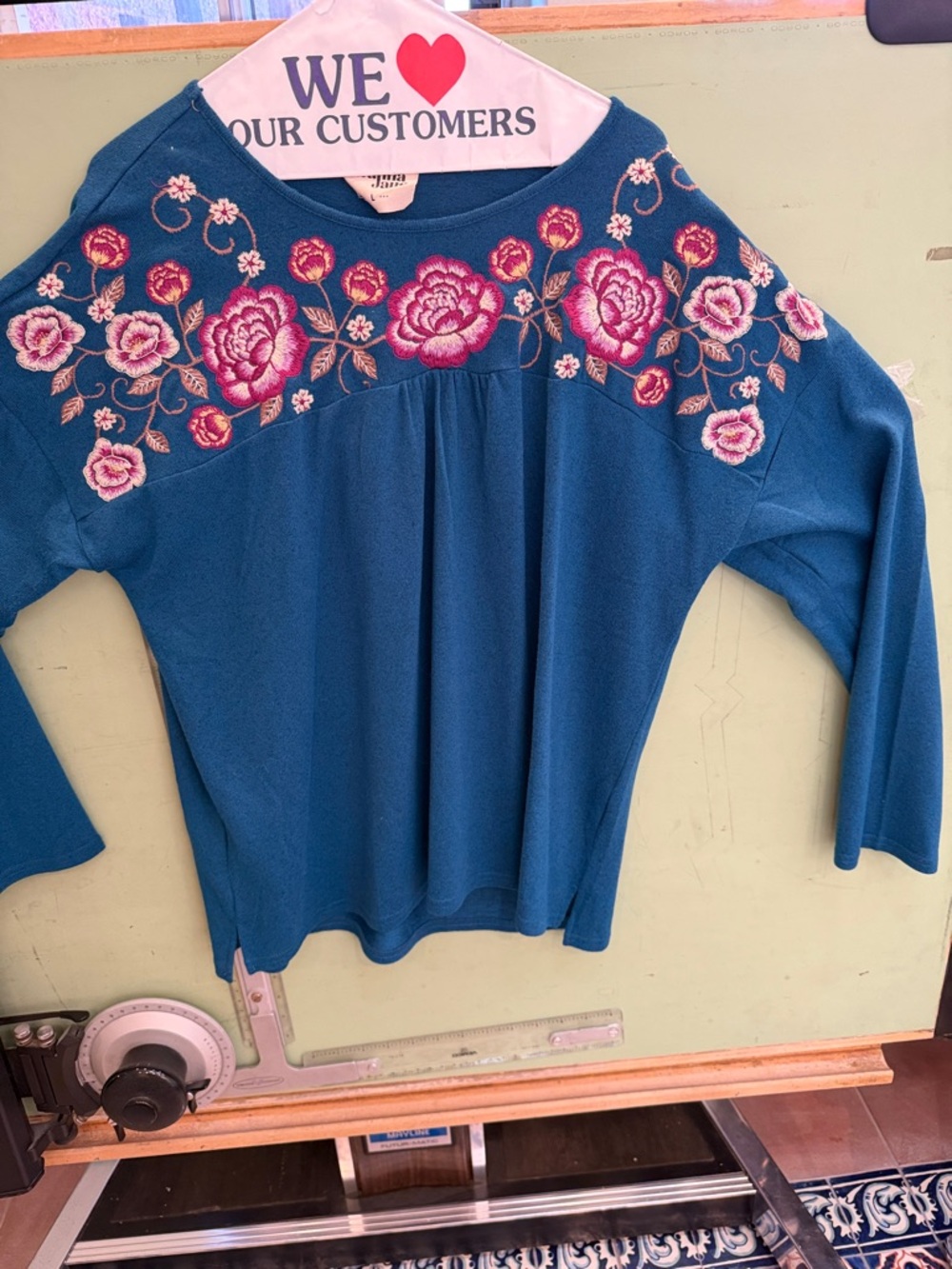 Savanna Jane Teal Sweater with Pink Floral Embroidery